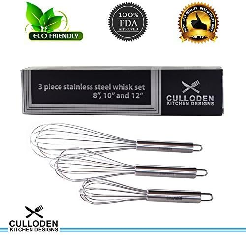 Wire Whisks - Extra Strength Stainless Steel Whisk Set of 3 โ Quality Kitchen Utensils - Hand Mixers for Blending Stirring Whipping Chocolate, Dough, Flour, Milk and Eggs - Small, Medium Large