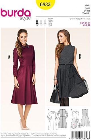 BurdaLadies Easy Sewing Pattern 6833 Dresses with Collar & Skirt Details
