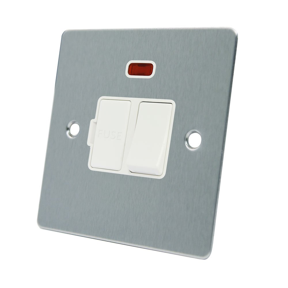 AET FSCSFNWH Satin Chrome Flat Spur w White Insert Plastic Rocker Switch-13 Amp Switched Fused Connection Unit with Neon Indicator