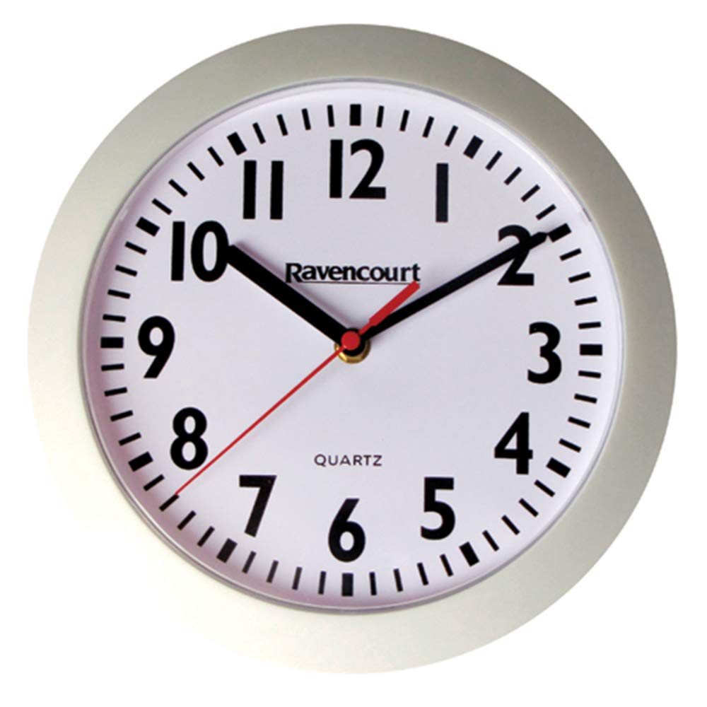 Ravencourt Quartz Analogue Clock ¦ For Schools, Hospitals, Offices And Homes ¦ High Contrast Numbers ¦ Battery Powered ¦ White Rim With White Face ¦ Small - 21cm face