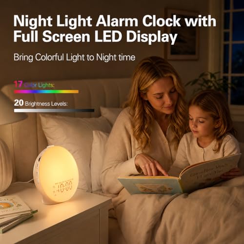 Wake Up Light Sunrise Alarm Clock for Bedroom, 17 Nightlights, Sound Machine with 5W Bluetooth Speaker, 25 Soothing Sounds, SleepTimer, Dual Alarms, FM Radio, Ideal Gift for Baby, Kids, Adults, Senior