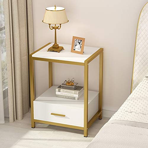 Tribesigns 25 inch Tall Gold Nightstands with Drawers and Storage Shelf