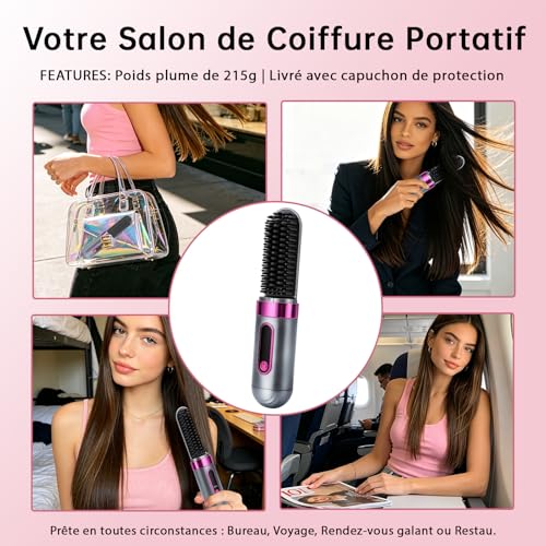 Frikmed Rechargeable Cordless Straightening Brush, 4000mh Mini Portable Heating Brush with LCD Display, 4 Temperatures 160-220°C, Anti-Frizz Ionic, USB-C, Travel Straightening Comb for Women