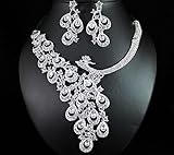 Janefashions Peacock Clear White Austrian Rhinestone Crystal Bib Statement Necklace Earrings Jewelry Set Party Bridal Wedding Silver N1391