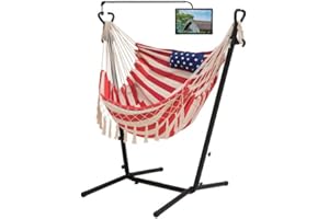 LUCKWIND American Flag Hammock Chair with Stand Phone/Pad Holder Included, Adjustable Handmade Swing Chair for Outdoor, Indoor, Portable & Heavy Duty, 400 LBS Capacity