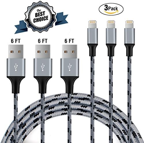 Vancelle 3 Pack charger 6FT Nylon Braided cord to USB Cable Charging for iPhone 7/7 Plus/6s/6s Plus/6/6Plus/5s/5c/SE, iPad iPod Nano iPod Touch (GREY)