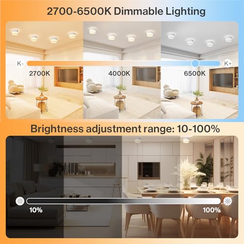 URing 4 x LED Surface-Mounted Spotlights, Dimmable, IP65 Ceiling Light, Surface-Mounted with Remote Control, App, 12 W Ceiling Spotlights, White, 2700 K - 6500 K, Surface-Mounted Spotlight, Flat Aluminium, 230 V Ceiling Light, Round Bathroom Lamp, Diameter 10 cm