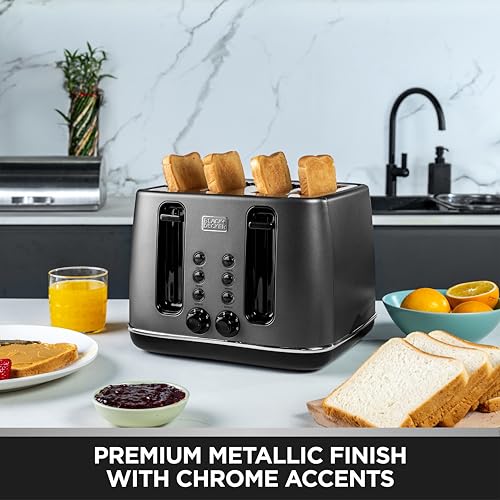 BLACK+DECKER Premium 4 Slice Stainless Steel Toaster – 2300W Dual Sided Heating with 6 Level Independent Browning Control, Defrost & Reheat LED Buttons, 4-Slot Design, 36mm Wide Slots | SSET425-B5