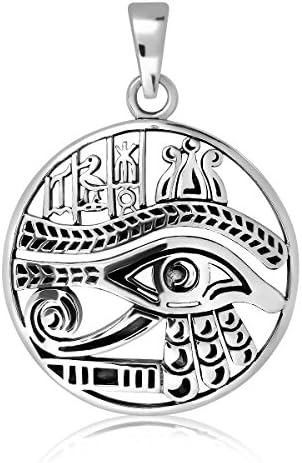 Sistakno Sterling Silver 925 Eye of Horus Wedjat Ancient Egyptian Deities Falcon Feather Symbol of Protection Royal Power and Good Health in Round Shape Pendant (Curve Out Shape)