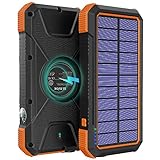 BLAVOR Solar Charger Power Bank 18W, QC 3.0 Portable Wireless Charger 10W/7.5W/5W with 4 Outputs & Dual Inputs, 20000mAh External Battery Pack IPX5 Waterproof with Flashlight & Compass (Orange)