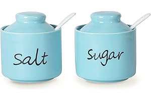 ONTUBE 8oz Sugar and Salt Bowls with Lid and Spoon, Ceramics Condiment Pots,Seasoning Jar Spice Container for Kitchen,Dishwasher Safe (Turquoise)