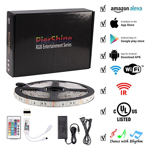 PierShine 16.4ft 5m 300leds WiFi and Wireless Alexa Smart Home RGB LED Strip Lights with UL Listed adapter, 24 keys remote control, Compatible on Android and IOS, Work with Alexa (white roll)
