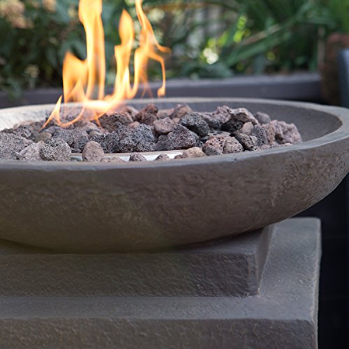 Realistic Stone-like Outdoor Patio Fire Pit Bowl with Free Cover. Get Ready for Entertainment in Your Backyard or Deck. This 30,000 BTU Propane Firepit Bowl Has Hideaway Storage for a 20lb Propane Tank and Also Comes with Clean Burning Lava Rocks