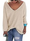 Nulibenna Women's Casual Autumn Thin V Neck Knit Pullover Solid Sweater,Beiges,Large