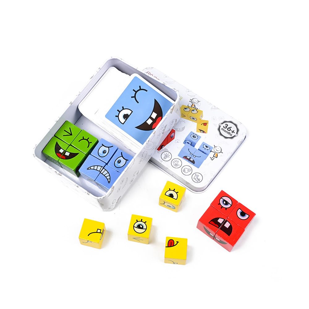 Semazz Face Changing Cube Game,Wooden Face Cube Expression Matching Puzzle Expression Puzzle Building Blocks Montessori Educational Toys for Kids Face Change Thinking Training