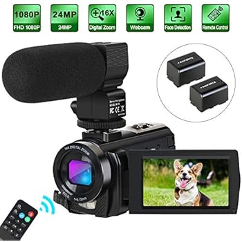 Camcorder Video Camera Digital YouTube Vlogging Camera HD 1080P 30FPS 24MP 16X Digital Zoom 3 Inch LCD Flip Screen Video Recorder with Microphone and Remote Control, 2 Batteries