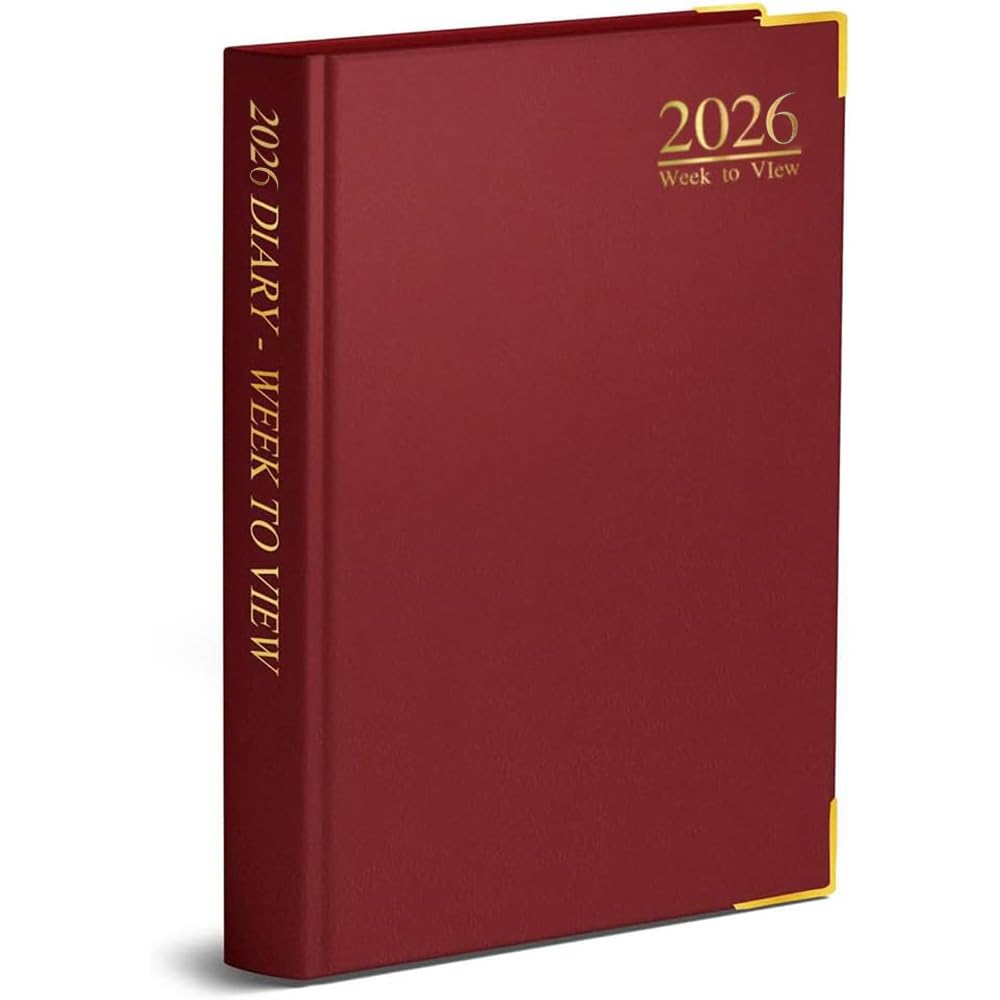 2026 A4 Red Diary Week to View Desk Diary A4 Weekly Planner Hard Backed with Metal Edges for Home and Office Use - 60 gsm paper