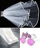 Bride Bachelorette Party favors By Xline Naughty Bachelorette SET White Veil Lace Bride to Be Sash Double Ribbon Cascade Bridal Wedding Veil with Comb and Fun Gold Glasses
