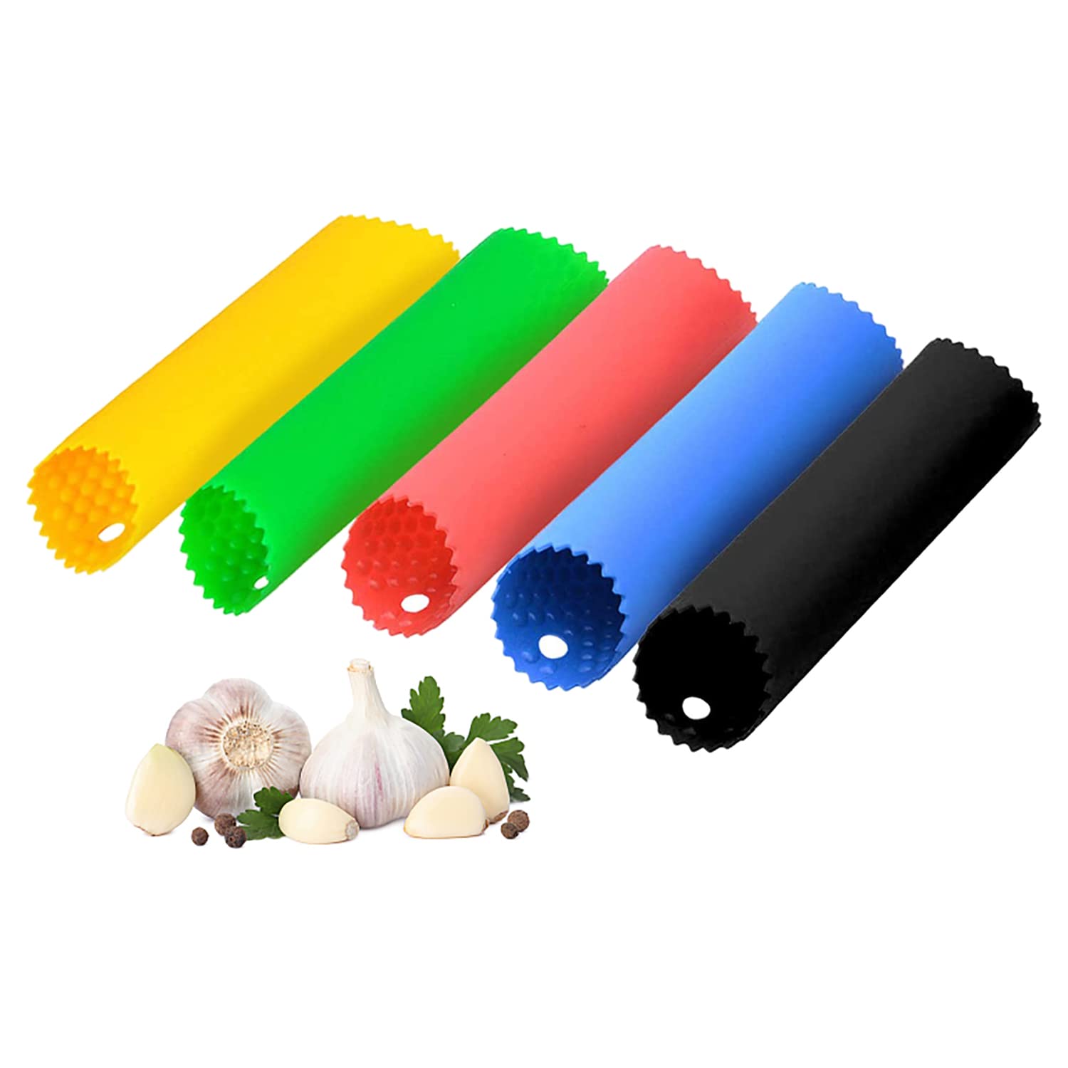 Garlic Peeler, 5 Pcs Silicone Garlic Roller Peeling Tube, Easy Useful Kitchen Tools (Red, Yellow, Green, Blue, Black)