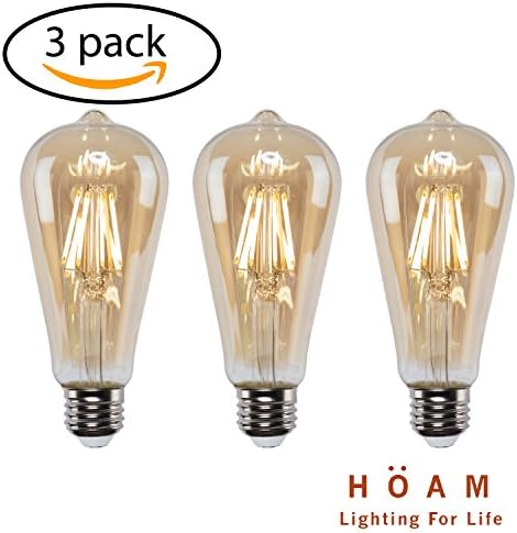 HOAM Lighting 3 Pack Edison Bulbs Dimmable, Antique Style, 4W LED is 40W Incandescent Equivalent 2700K Warm Amber Color Temperature, ST18 ST64 E26 E27 Screw Cap 120V