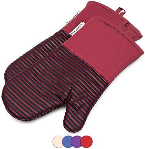 Silicone Oven Mitts 464 F Heat Resistant Potholders Striped Pattern Cooking Gloves Non-Slip Grip for Kitchen Oven BBQ Grill Cooking Baking 7x13 inch as Christmas Gift 1 pair (Red) by LA Sweet Home