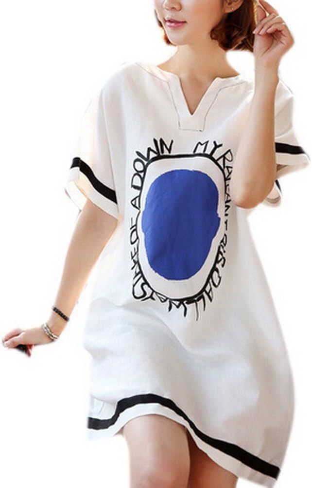 Allbebe Women's V-neck Short-sleeved Printing Plus Size Cotton Dress