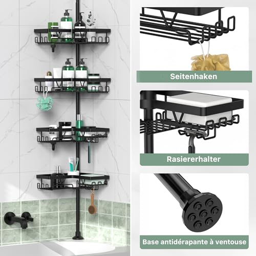 Cooeco Shower Caddy Corner - Telescopique Bathroom Shelf from 25 to 114 Inches, Rustproof Shower Caddy with 4 Baskets, No Drilling