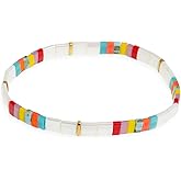 Sonateomber Tila Flat Beaded Stretch Bracelets for Women, Trendy Stackable Colorful Glass Square Beads Stack Bracelet Beach Jewelry Gift