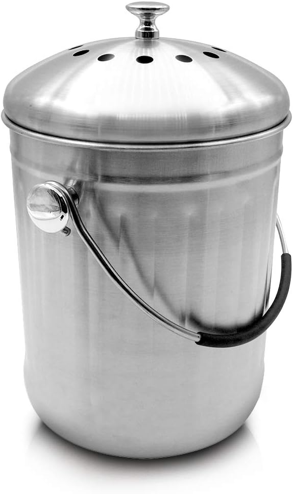 FLYISI Odorless Compost Bucket – Countertop Compost Bucket for Kitchens – 1.3 Gallon Stainless-Steel Indoor Compost Bucket with Carrying Handle – Odor Free Waste Bin with 2 Included Charcoal Filters