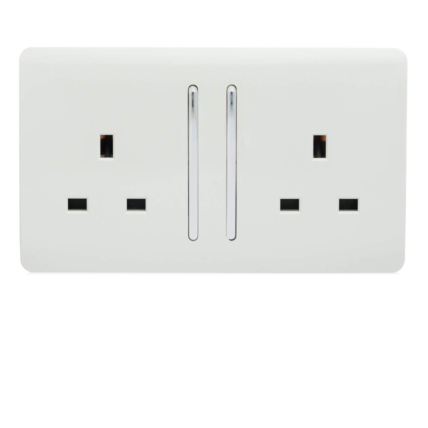 Trendi 2 Gang Raised Artistic Modern Glossy Screwless 13 Amp Single Pole with Chrome Switched UK Standard Electrical Double Wall Plug Socket in Ice White - ART-SKT213LWH