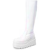 DREAM PAIRS Women's Knee High Boots Wedge Platform Chunky Heel Round Toe Side Zipper Fashion Long Tall Sock Punk Goth Boots for Women