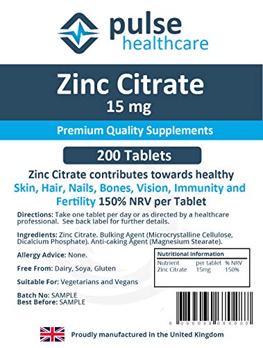 Zinc-Citrate-Tablets-15mg-200-Tablets-High-Strength-150-NRVRDA-Support-of-Immune-System-Skin-Health-Hair-Nails-Fertility-Manufactured-in-The-UK-Pulse-Healthcare-Supplements
