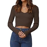 INFITTY Women's V Neck Cropped Sweater Basic Long Sleeve Shirts Slim Fitted Ribbed Knitted Pullover Crop Tops