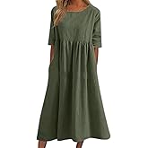 Akivide Womens Plus Size Linen Dresses Oversize Casual Summer Loose Flowy Cotton Maxi Dress with Pockets