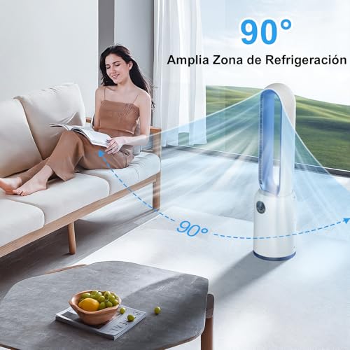 Bladeless Fan, Column Bladeless Floor Fan with Remote, 24 Speeds Silent Tower Fan 90° Oscillating, Touch Screen LED Display, 12H Timer, Brushless DC Pedestal Fan for Bedroom, Office (Blue)
