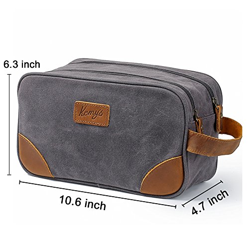 Kemy's Mens Toiletry Bag leather Canvas Toiletries Travel Bag Waxed Grooming Shaving Bags for Men Dopp Dob Dobb Kits Toilet Hygiene Bathroom Bag Double Compartment for Traveling Waterproof Gifts Gray