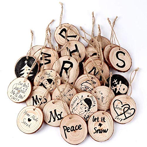 LovesTown Natural Wood Slices Set,50pcs 2.4-2.8 inches Wooden Ornaments Unfinished Wood Disc with Hole Wood Circles for DIY Crafts Wedding Decorations Christmas Ornaments