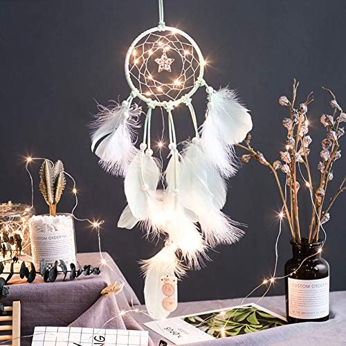Feather Dream Catcher Mobile LED Fairy Lights Battery Powered Hanging Ornaments Green Dipped Glitter Feathers Bohemian Wedding Decorations, Boho Chic, Nursery Decor