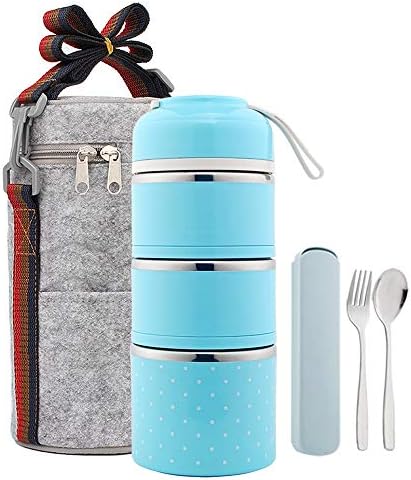 Worthbuy Bento Lunch Box Leakproof Stainless Steel Stackable Lunch Box with Bag and Reusable Cutlery Set Thermal Food Storage Container for Healthy On-The-Go Meal and Snack Packing (3-Tier, Blue)