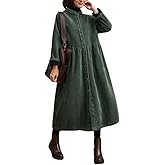 Akivide Womens Retro Classic Corduroy Button Down Lapel Neck Maxi Dress Fall Winter Casual Jacket Outerwear with Side Pockets