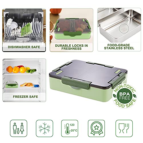 Bento Box, Genteen On the Go Lunch Box with High Capacity Stainless Steel Trays for Kids or Adults with Sauce Box, Fork and Spoon