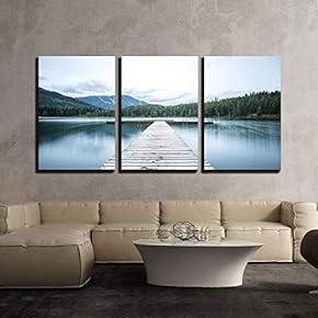 3 Piece Canvas Wall Art - Wooden Path to Lake - Modern Home Art Stretched and Framed Ready to Hang - 16"x24"x3 Panels