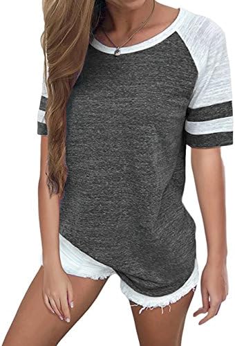 Voopptaw Women's Short Sleeve Raglan Tee Round Neck Color Block Striped T-Shirt Top