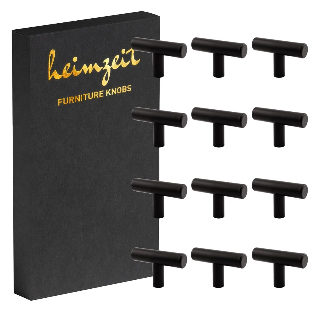 heimzeit Cabinet Knobs Bar for Doors, Drawers, and Dressers Made of Stainless Steel [12 Pieces, T-Shape] Color: Black, Stylish Design, Furniture Knobs with Single Hole Grip and Screws