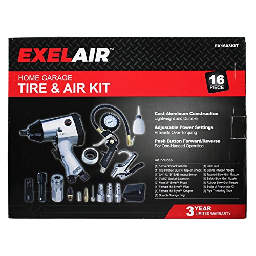 EXELAIR by Milton EX1603KIT (16-Piece Professional Air Tool Accessory and Tire Maintenance Kit) - Impact Wrench, Tire Inflator Gauge Gun w/Clip-On Chuck, Blow Gun, and Accessories