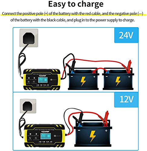 HAUSPROFI 12V/24V 8Amp Automatic Battery Charger with 3-Stage Charging, 6 Modes, LCD Screen, Intelligent Charging, Repairs, Maintains Car, Motorcycle, Boat, Mower Battery