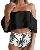 Tempt Me Women Two Piece Off Shoulder Ruffled Flounce Crop Bikini Top with Print Cut Out Bottoms Black XL