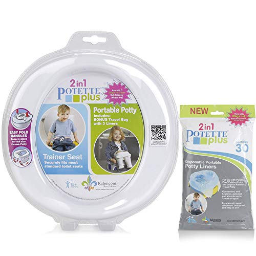 Kalencom 2 in 1 Potette Plus Portable Potty Training + Travel Toilet Seat with 30 Potty Liners Bundle (White)