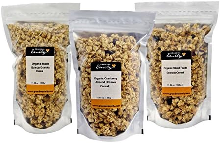 Grandma Emily Organic Granola Cereal Mixpack. (Made in CANADA), 6 x 11.64 oz. (330g) Bags in 3 Delicious Flavours. Organic Cranberry Almond/Organic Maple Quinoa/Organic Mixed Fruits. 100% Canadian Oat