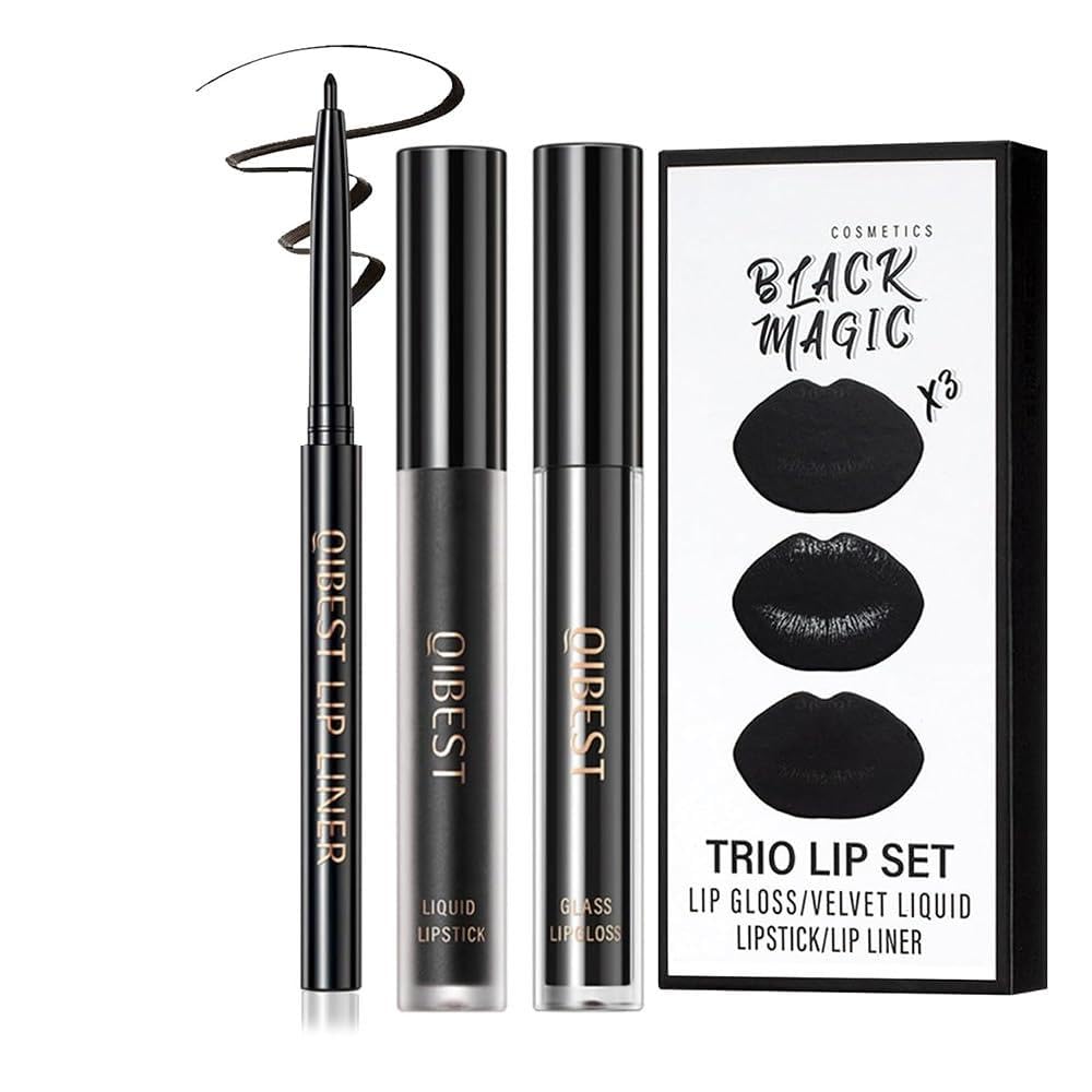 3Pcs Black Matte Liquid Lipstick and Lip Liner Set - Black Lip Gloss Stain Lipliner Set, Moisturizing Velvet Liquid Lipstick/Non-Stick Cup Lipgloss for Halloween Goth Makeup